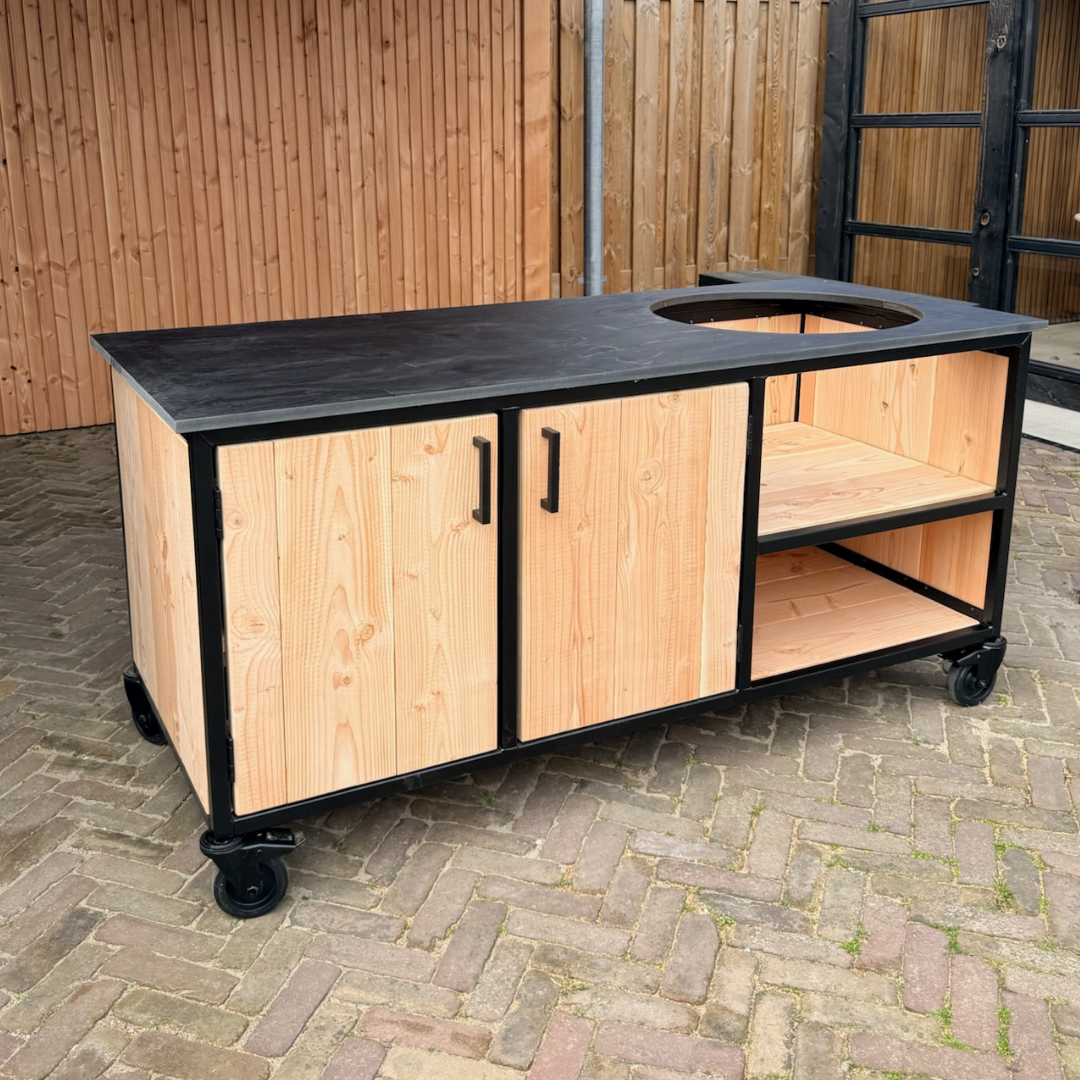 Buitenkeuken Douglas en staal met opbergkast en Zwart HPL werkblad - Lengte 180 cm - Afbeelding 2